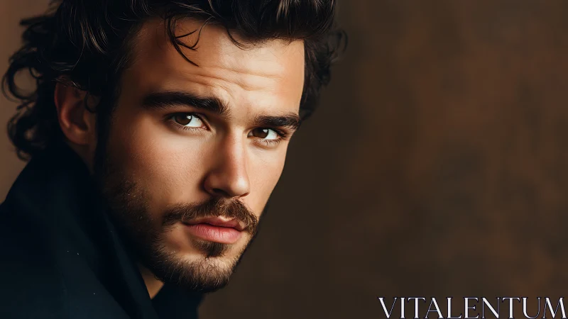 Portrait shows pensive man with beard against warm backdrop