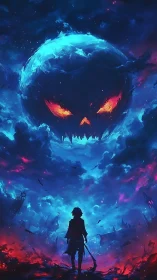 Silhouetted warrior confronts infernal jack o&rsquo;lantern moon in storm