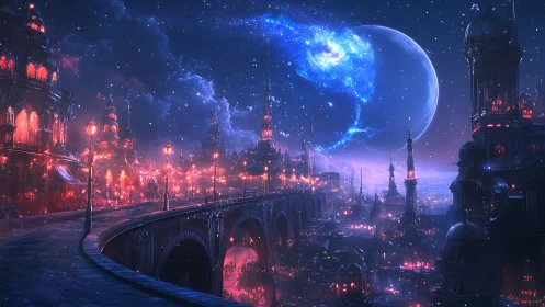 Luminous alien city glows under vast crescent planet sky