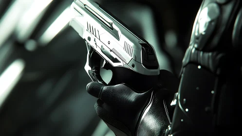 Futuristic pistol in armored hand under cinematic light.