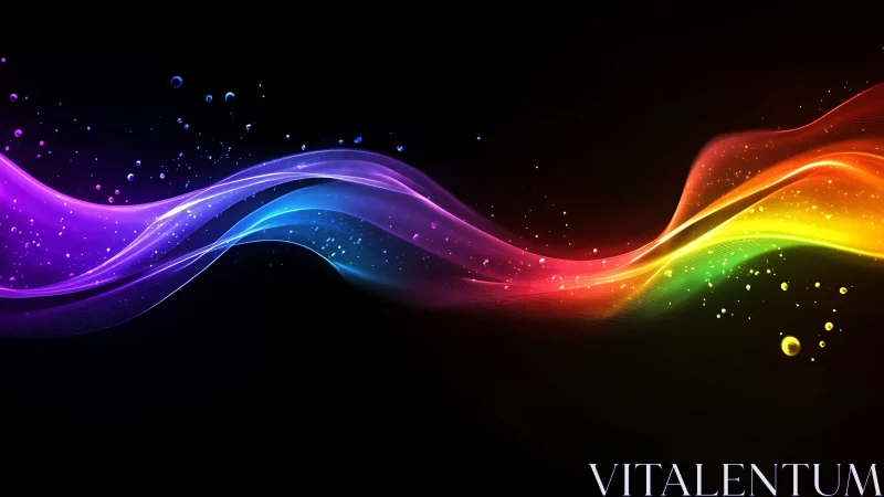 Rainbow light waves flow across deep black digital space.