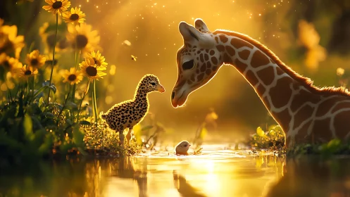 Sunlit giraffe and hybrid chick at golden forest pond.