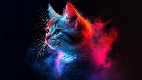 Neon Cat Surrounded by Luminous Particle Effects and Color Gradients