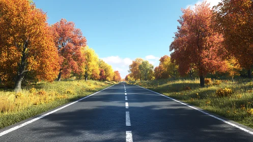 Endless rural highway framed by vivid autumn foliage.