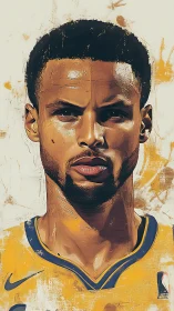 Basketball player portrait in yellow uniform on light ground.