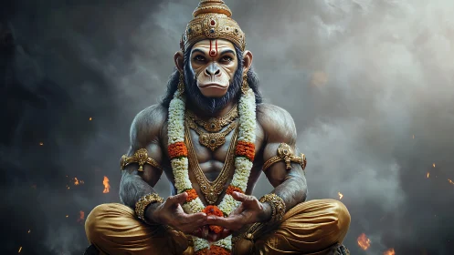 Majestic monkey warrior in calm, fiery meditation.