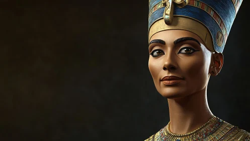 Regal Egyptian queen in jeweled crown gazes through ages.