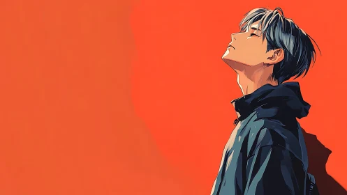 Solitary youth in profile absorbs stark orange silence