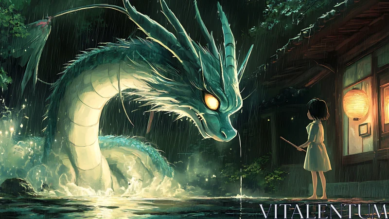 Dragon rises from rainlit pond confronting child at doorway