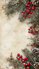 Pine branches, berries and cones on beige winter background.