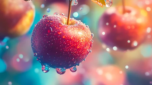Sunlit cherries sparkling with dewy rainbow droplets.