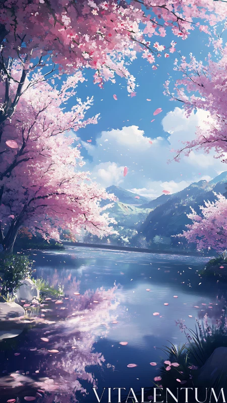 Serene cherry blossom lake under clear spring sky.