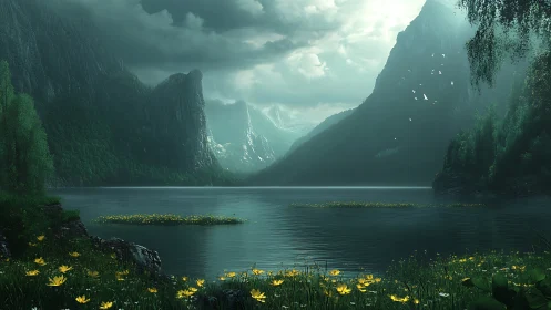 Emerald mountains rise above tranquil lake under stormy sky.