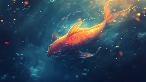 Orange koi fish in deep blue water with light particles.
