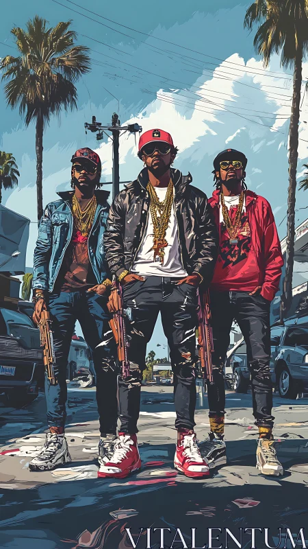 Street monarchs in gold chains under electric palm skies.