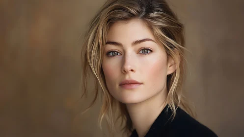 Softly lit portrait of woman against warm blurred backdrop.