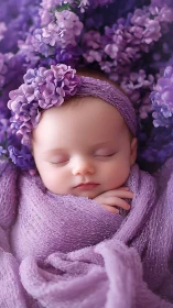Sleeping infant wrapped in purple fabric surrounded by lilacs