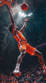 Gravity forgets a leaping baller framed in arena starlight