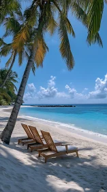 Tropical Beach Resort with Palm Tree and Empty Lounge Chairs