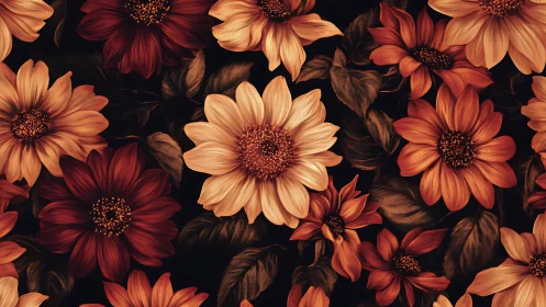 Dahlias and zinnias in warm tones against black background