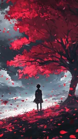 Solitary figure under crimson tree on stormy hillside.