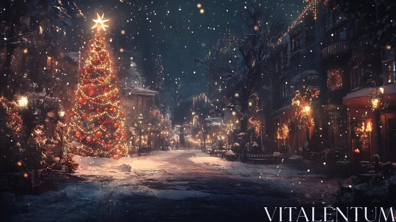 Snowy evening street with illuminated Christmas tree and décor