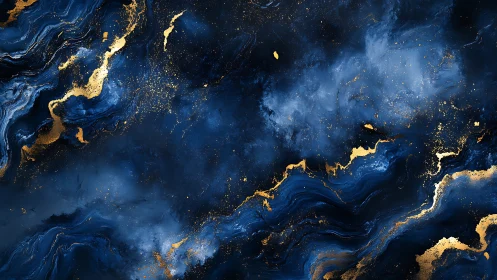 Midnight blue marble with luminous gold fluid veins.