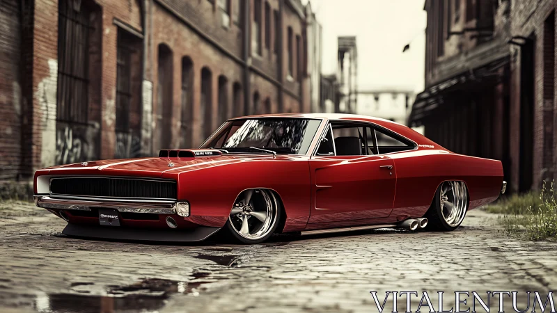 Low-slung red muscle car in gritty cobblestone alleyway.