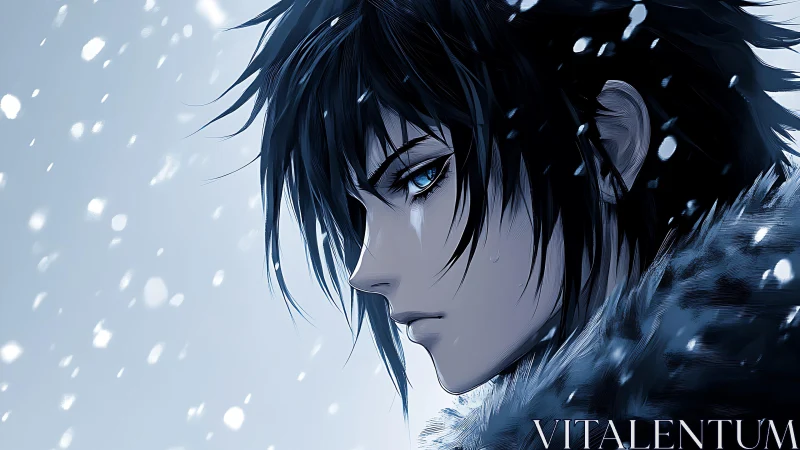 Melancholic dark haired anime boy stands in quiet snowfall
