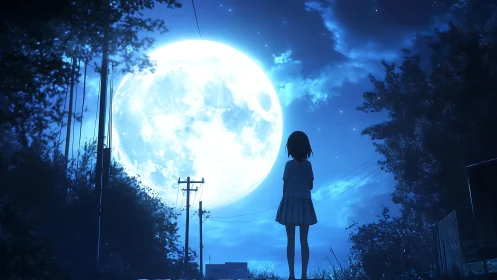 Girl silhouetted against oversized moon in night landscape.