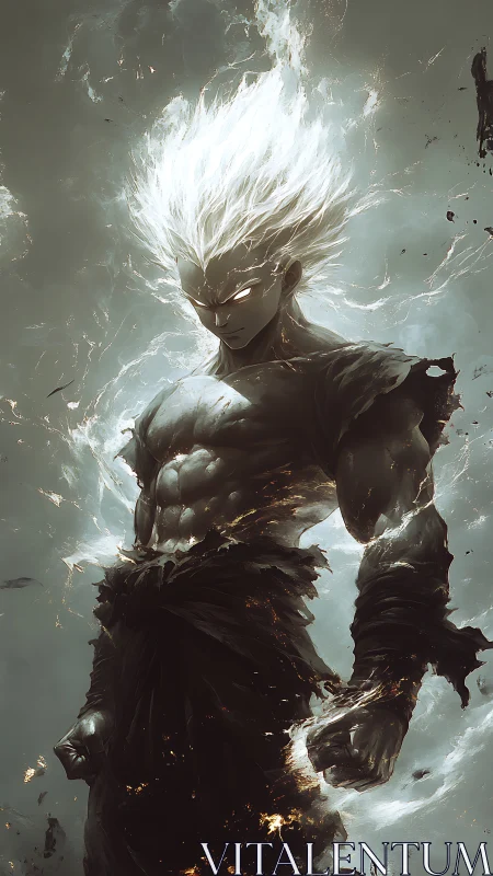 White-haired energy warrior stands in storm of burning light