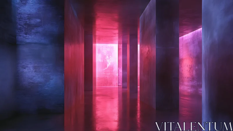 Neon corridor renders towering columns in saturated color light