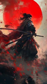 Samurai warrior before a red sun in dynamic battle stance.