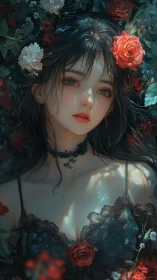 Enigmatic dark-haired woman lies among roses and shadowed leaves