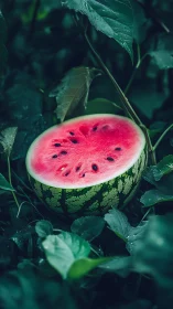 Halved ripe watermelon embedded in dense, high-contrast foliage