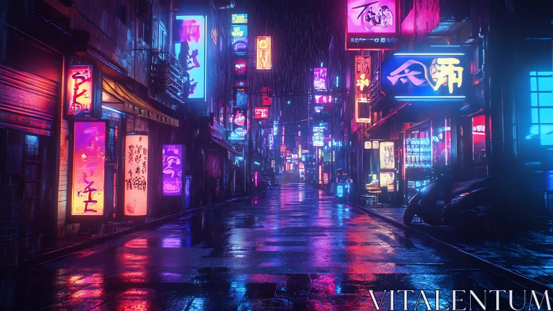 Rain soaked neon alley with reflective urban signage.