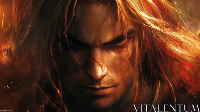 Smoldering warrior gaze within ember-scarred golden fury.