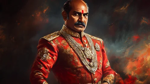 Regal portrait of stern Indian noble in ornate red brocade uniform
