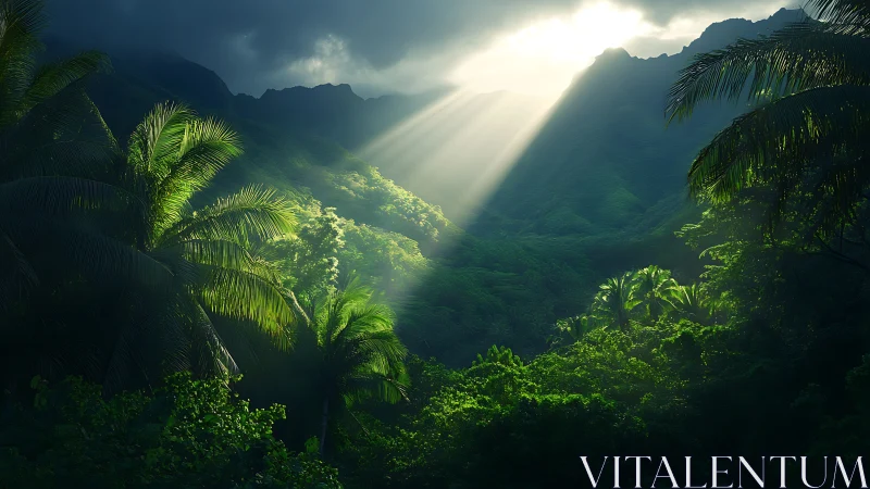 Sunlit jungle valley opens quietly beneath glowing misty skies