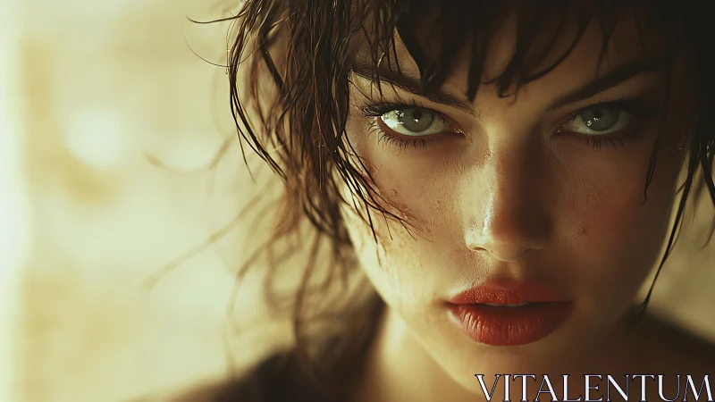 Intense wet-haired portrait under warm cinematic light.
