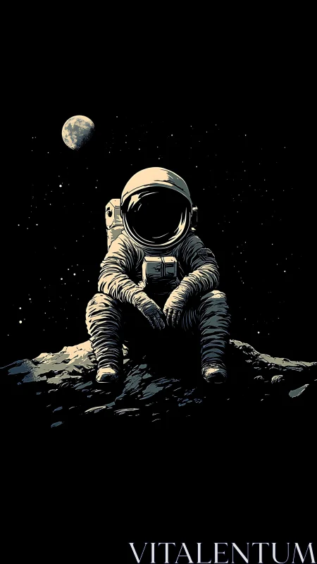 Solitary moonwalker pauses on a rocky ledge between stars