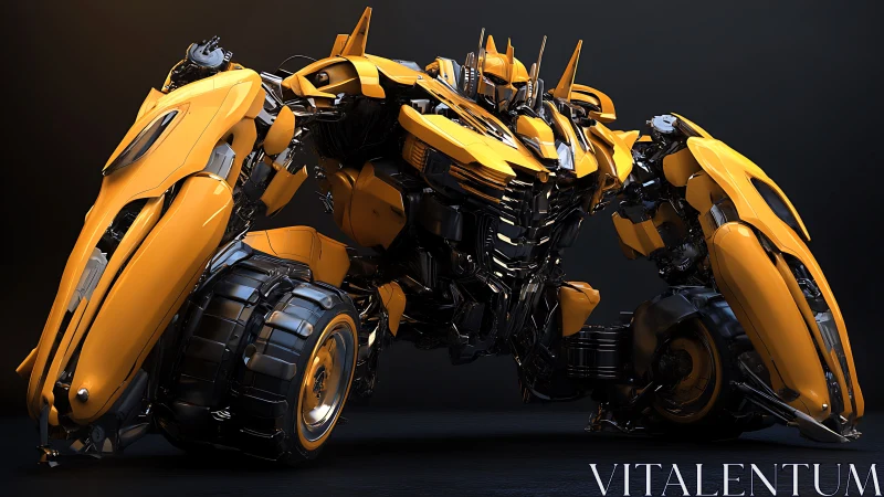 Armored yellow mecha crouches in hybrid vehicle combat stance