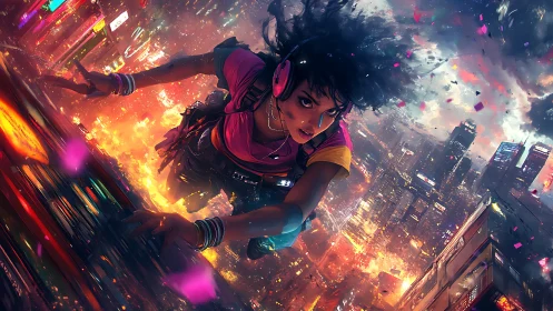 Skyline parkour runner diving through neon cyber city.