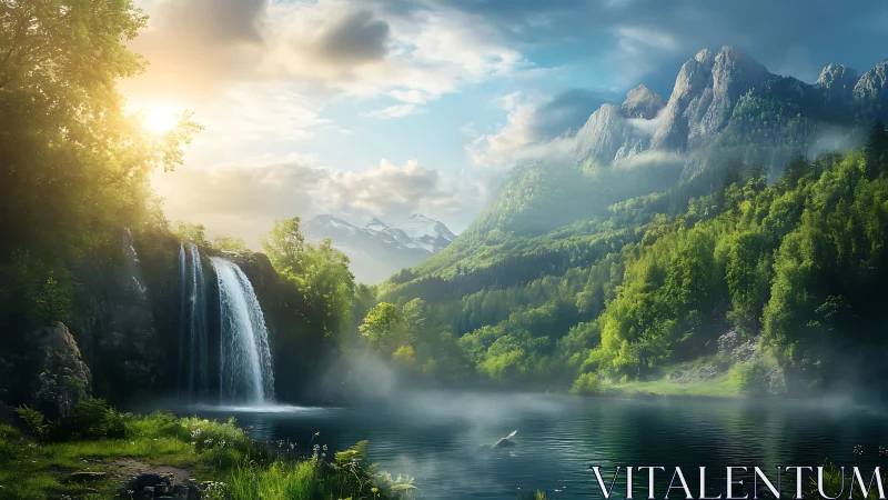 Sunlit mountain waterfall cascades into misted alpine lake