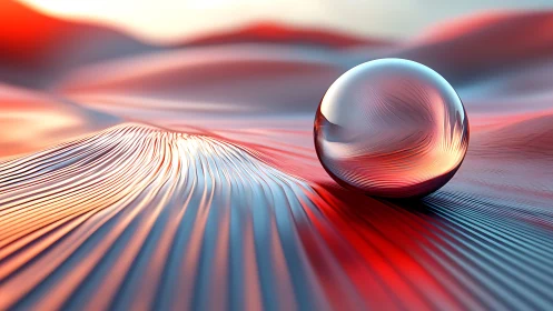 Glistening glass sphere resting on glowing pastel waves.