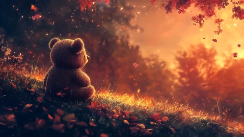 Stuffed bear on autumn hillside under warm glowing light.
