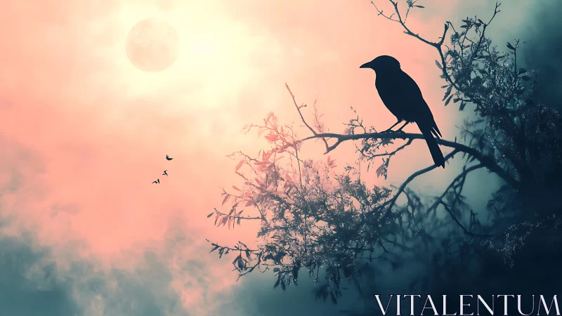 Silhouetted crow on twilight branch under glowing full moon.