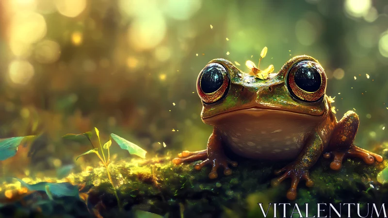 Bioluminescent forest frog in golden macro bokeh light.