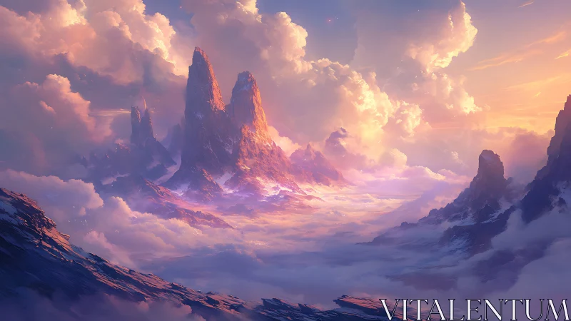 Celestial spires rise above glowing clouds at sunrise.