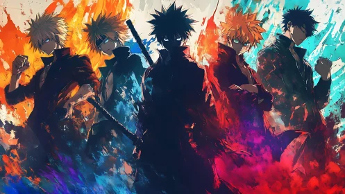 Five stylized figures in elemental colors against abstract field.